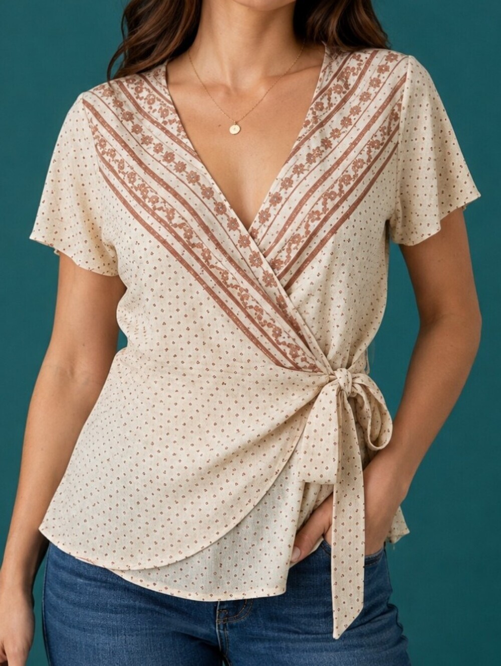LUCKY BRAND Cream Floral Surplice Waist Tie Short Sleeve Blouse Large